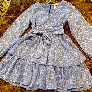 Japna Blue Floral Chiffon Long Sleeve Ruffled Mini Dress XS